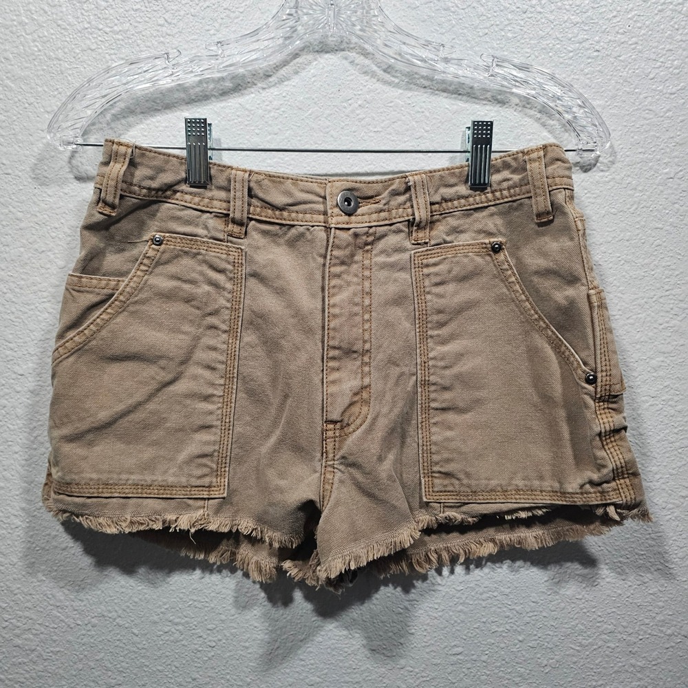 Free‎ People Tan Canvas Carpenter Utility Shorts Frayed Hem Khaki Womens 6